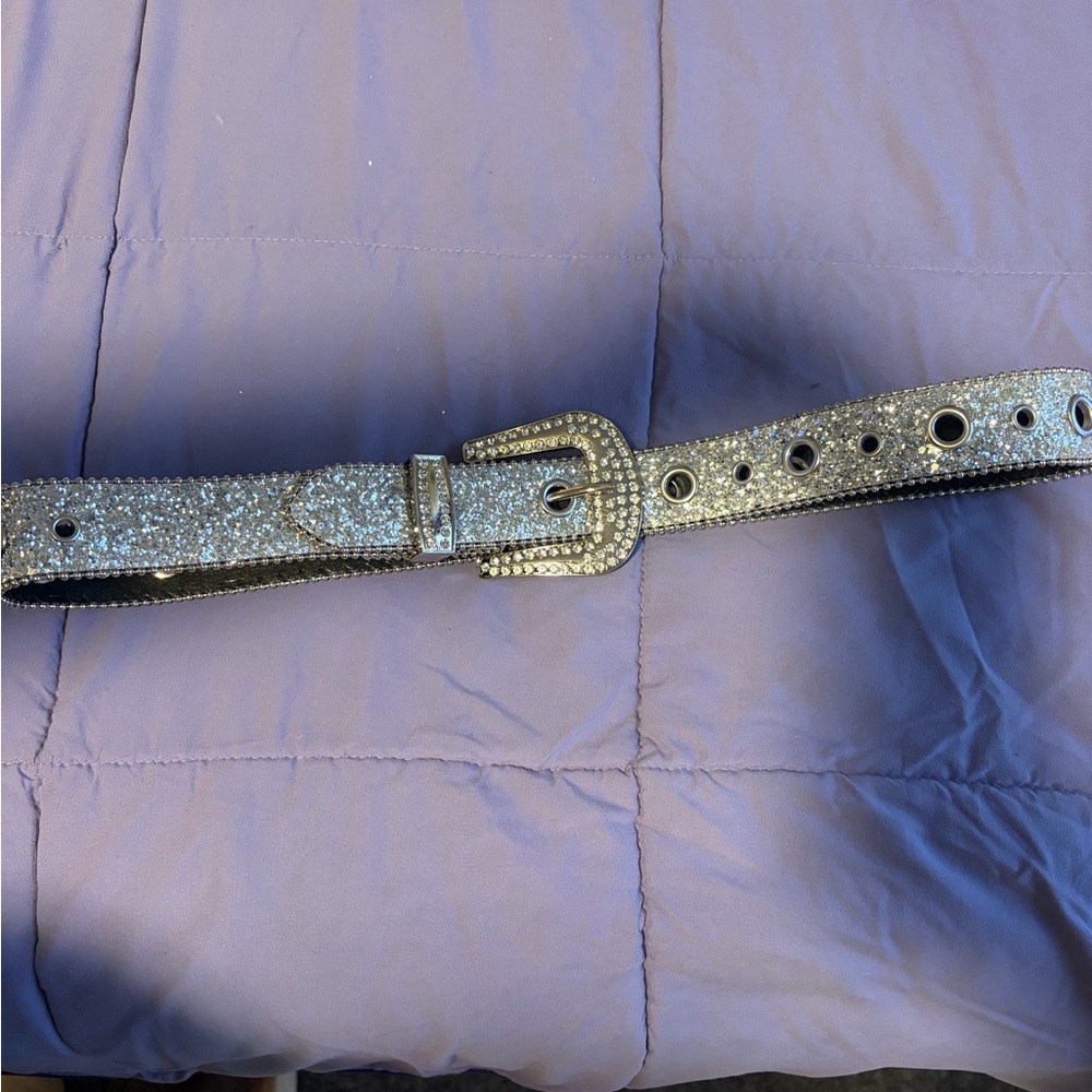 Silver Glitter Belt with Rhinestone Buckle.